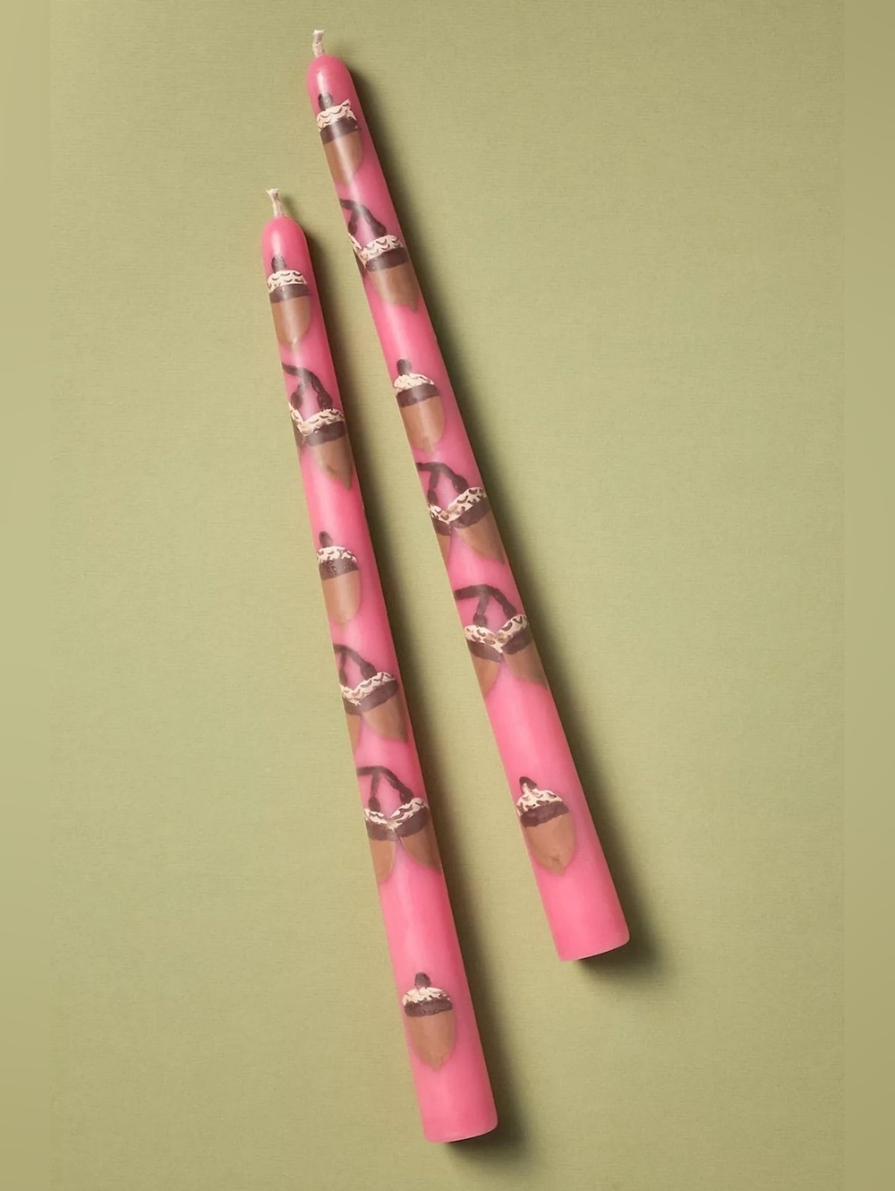 Anthropologie Pink Acorn Hand Painted Taper Candles Set Of 2 12 Inch